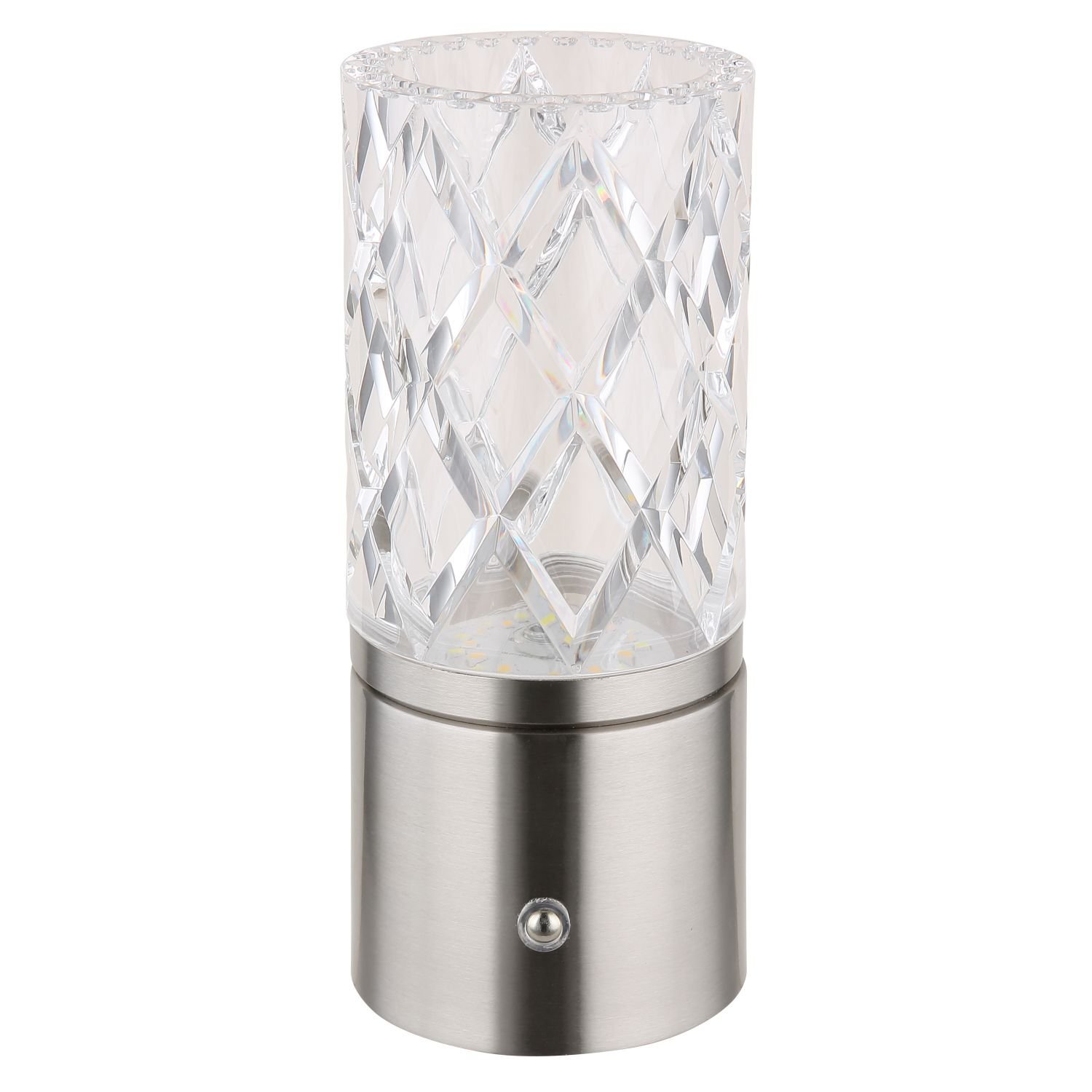 Lampa stołowa LED z przezroczystym, diamentowym kloszem i metalową podstawą z przyciskiem. Klosz ma wzór przypominający szlifowane szkło.
