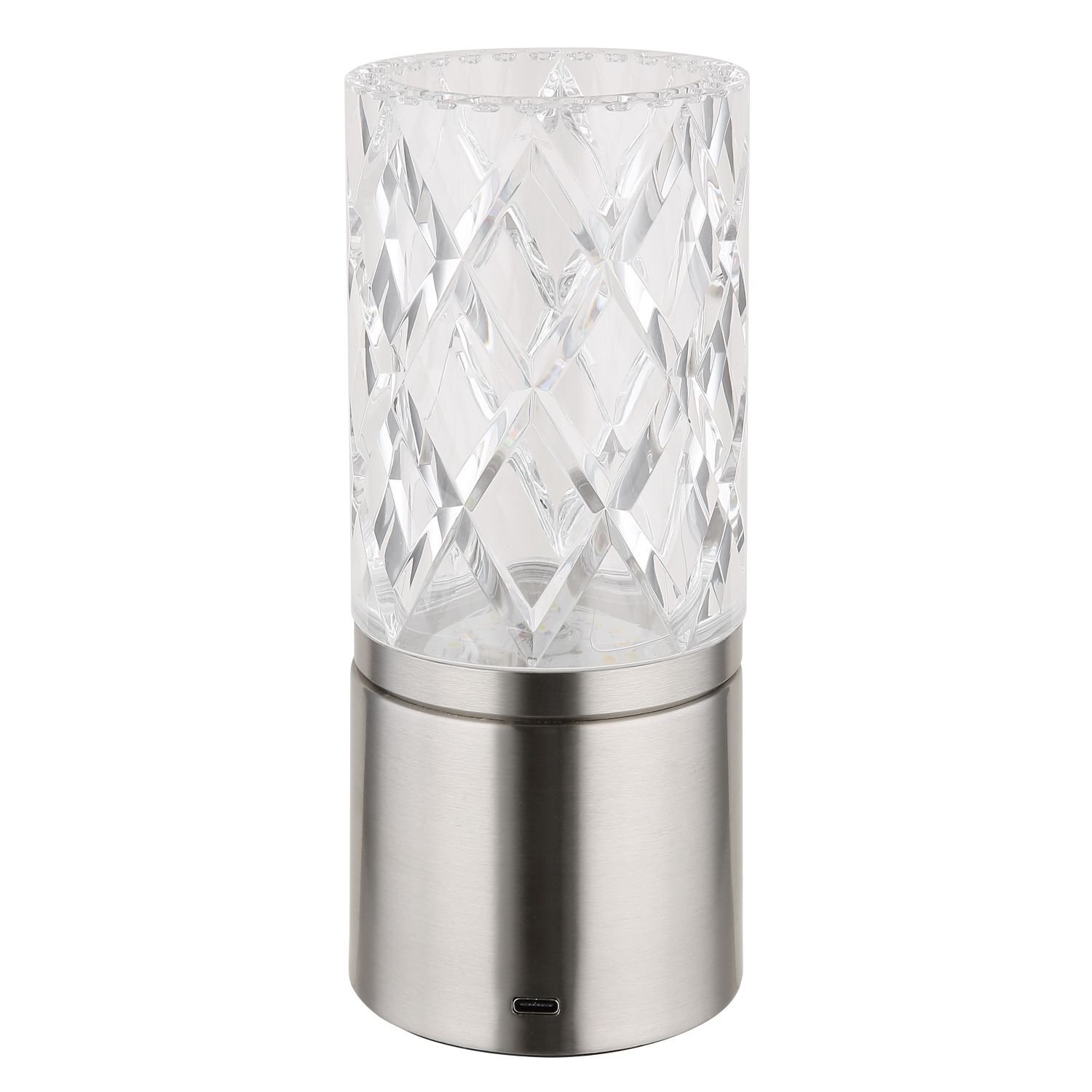 Lampa stołowa LED z przezroczystym, diamentowym kloszem i metalową podstawą. Na podstawie znajduje się port USB-C.