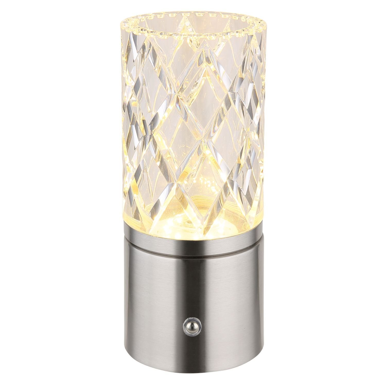 Lampa stołowa LED z cylindrycznym kloszem o wzorze diamentowym, emitująca ciepłe światło. Podstawa lampy jest metaliczna z widocznym przyciskiem.