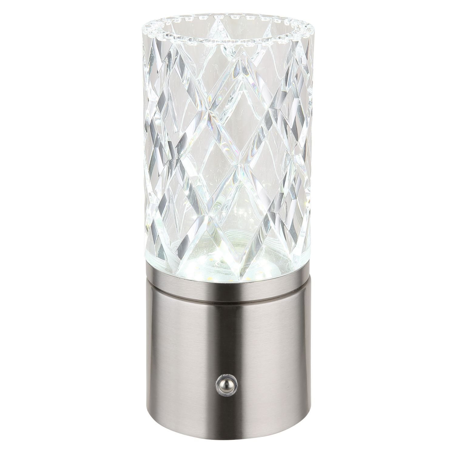 Lampa stołowa LED z przezroczystym, diamentowym kloszem i metalową podstawą z przyciskiem. Klosz ma wzór w kształcie rombów, a podstawa jest w kolorze srebrnym.