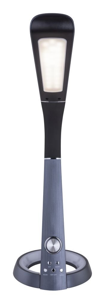 Czarna lampa biurkowa LED z wbudowanym panelem świetlnym i okrągłą podstawą. Na podstawie znajduje się pokrętło oraz kilka przycisków dotykowych.