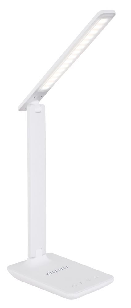 Biała lampa biurkowa LED o nowoczesnym designie z prostokątną podstawą i regulowanym ramieniem. Na podstawie widoczne są dotykowe przyciski sterujące.