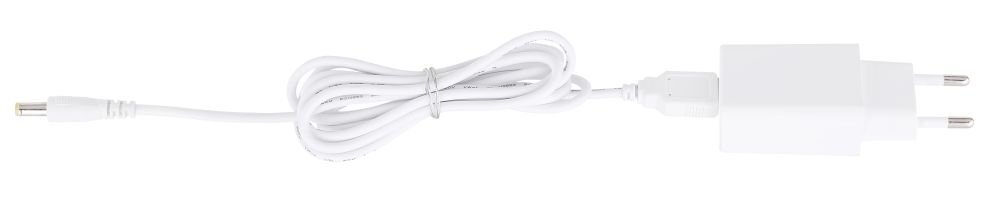 Biały kabel zasilający z wtyczką sieciową i złączem do urządzenia, zwinięty w pętlę i spięty metalowym klipsem.