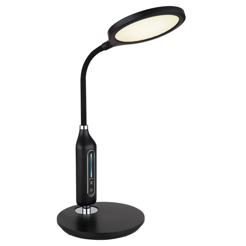 Czarna lampa biurkowa LED z okrągłą podstawą i elastycznym ramieniem, zakończona owalnym kloszem. Na podstawie znajduje się panel dotykowy z przyciskami i wskaźnikiem świetlnym.