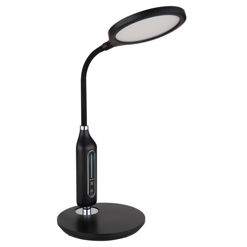 Czarna lampa biurkowa LED z okrągłym kloszem i elastycznym ramieniem. Na podstawie znajduje się dotykowy panel sterowania z przyciskiem zasilania i regulacją jasności.