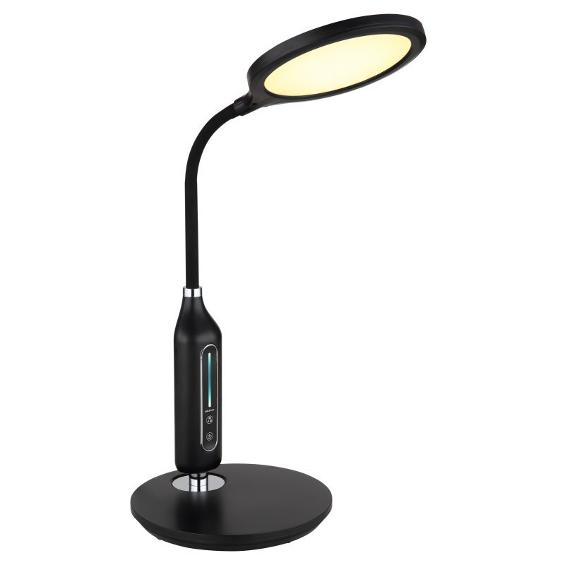 Czarna lampa biurkowa LED z okrągłym kloszem i elastycznym ramieniem. Na podstawie znajduje się panel dotykowy z przyciskiem i wskaźnikiem świetlnym.