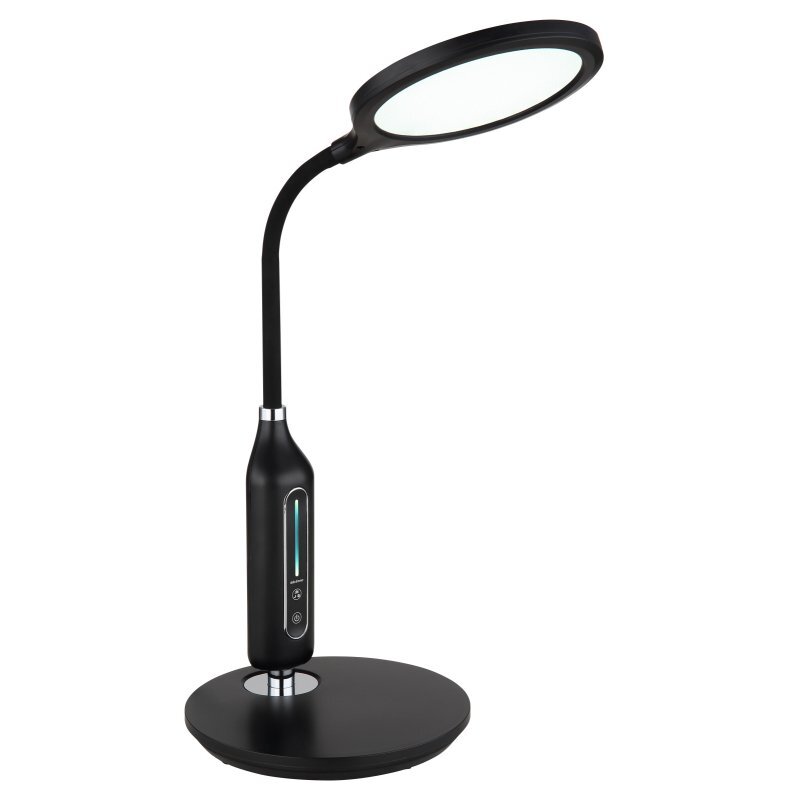 Czarna lampa biurkowa LED z okrągłym kloszem i elastycznym ramieniem. Na podstawie znajduje się panel dotykowy z przyciskami i wskaźnikiem świetlnym.