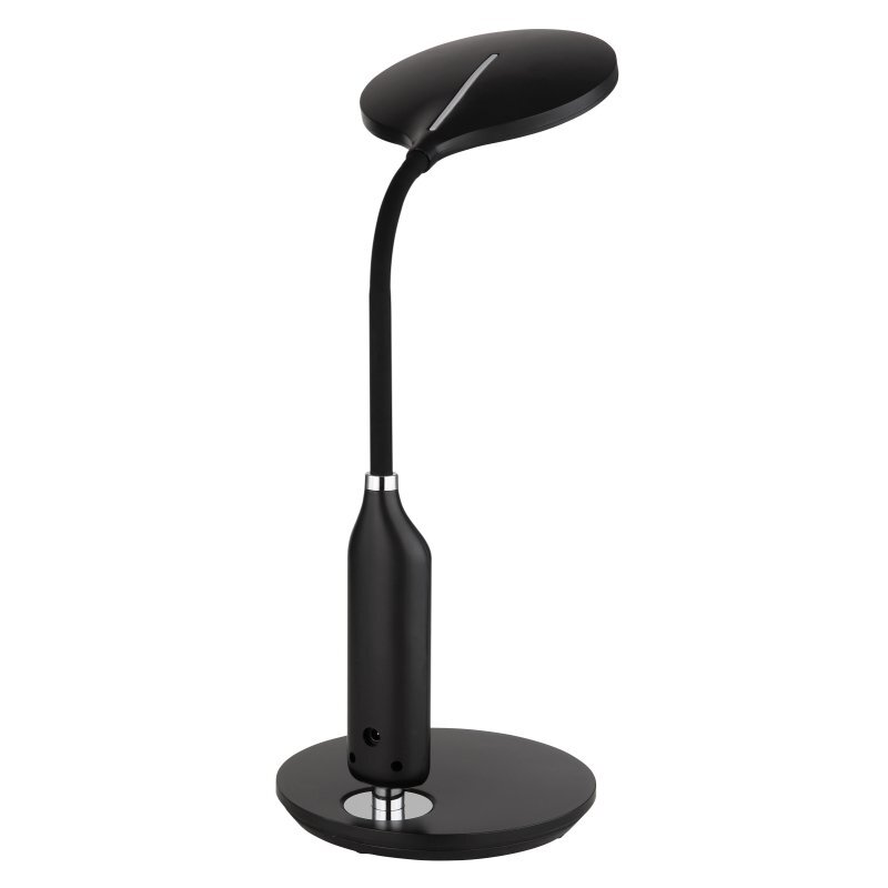 Czarna lampa biurkowa LED z elastycznym ramieniem i okrągłą podstawą. Lampa posiada dotykowy ściemniacz na górnej części klosza.
