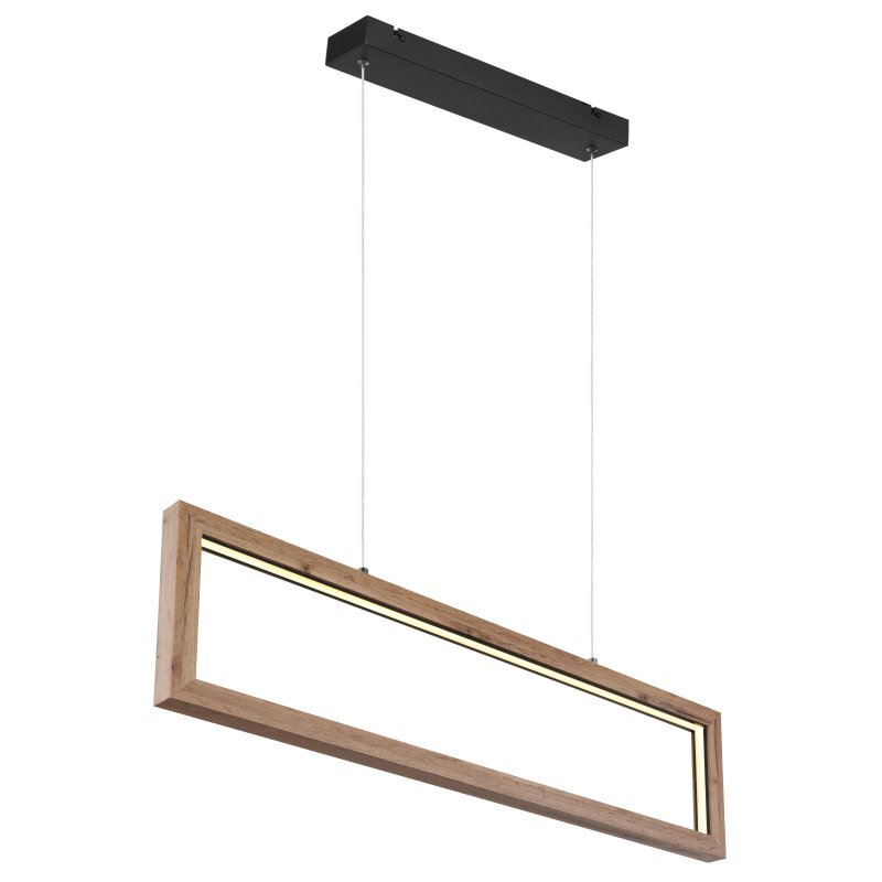 Lampa wisząca LED z prostokątną ramą w kolorze czarnego matu i MDF, zawieszona na dwóch cienkich linkach. Lampa ma regulowaną wysokość i emituje światło o ciepłej barwie 3000K.