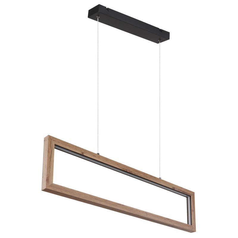 Lampa wisząca LED z prostokątną ramą w kolorze czarnego matu i MDF, zawieszona na dwóch cienkich linkach. Konstrukcja umożliwia regulację wysokości.