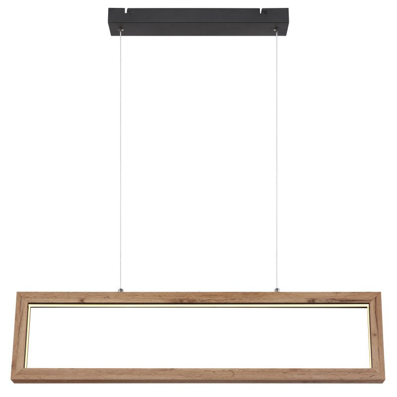 Lampa wisząca LED z prostokątną ramą w kolorze czarnego matu i MDF, zawieszona na dwóch cienkich przewodach. Górna część lampy jest prostokątna i czarna.