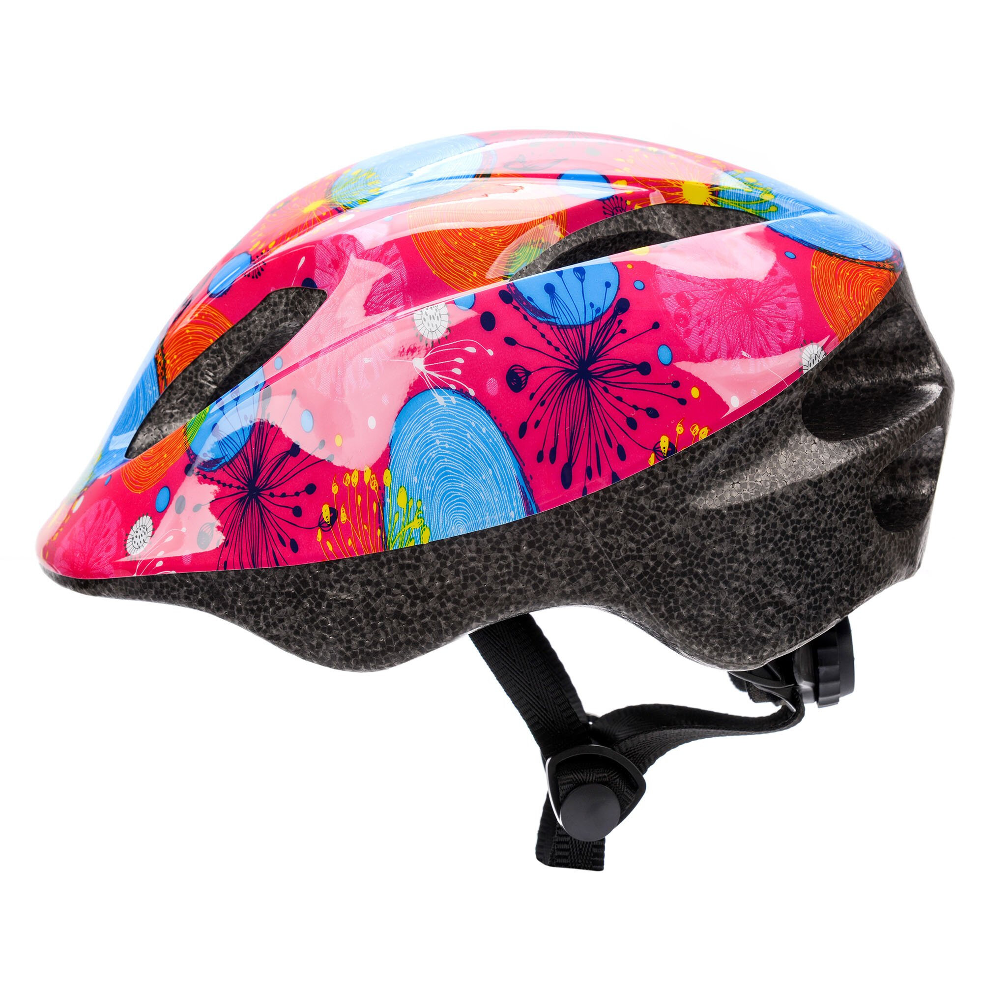 Kask rowerowy dziecięcy z kolorowym wzorem w kwiaty i abstrakcyjne kształty. Posiada regulowany pasek pod brodą.