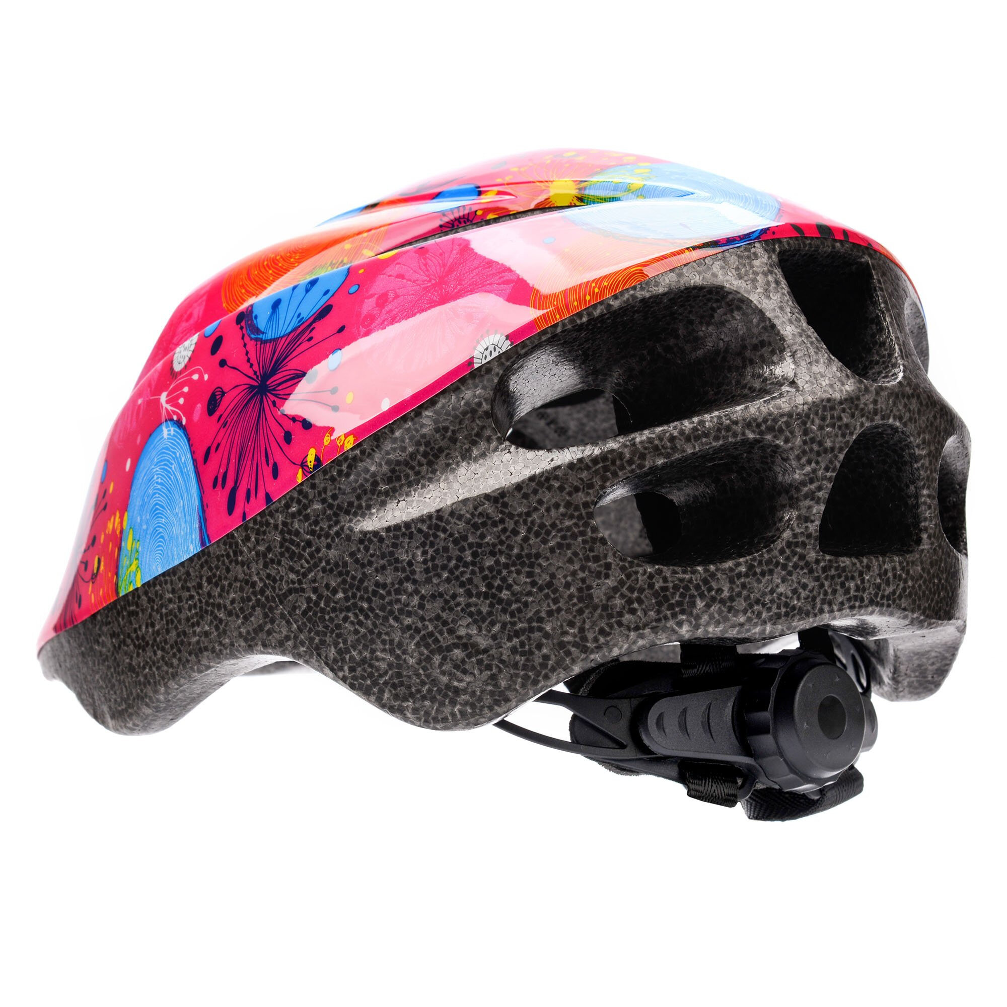 Kask rowerowy dziecięcy z kolorowym wzorem, posiada otwory wentylacyjne i regulację z tyłu.