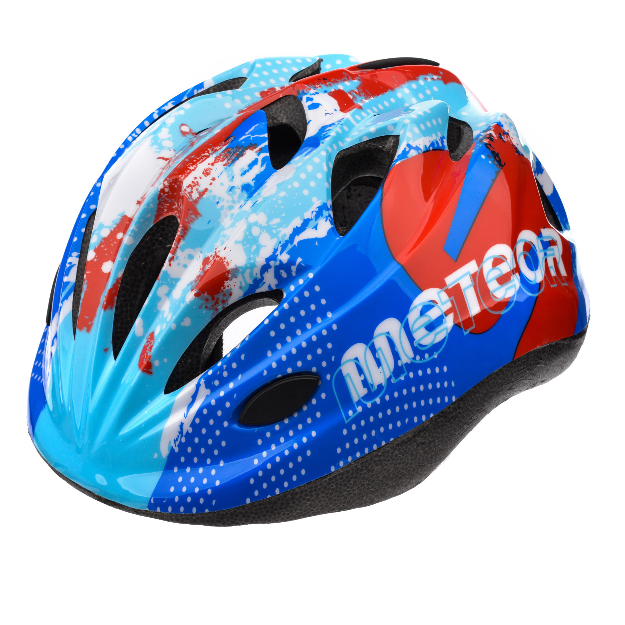 Kask rowerowy dziecięcy w kolorze niebieskim z czerwonymi i białymi wzorami oraz napisem \'meteor\'.