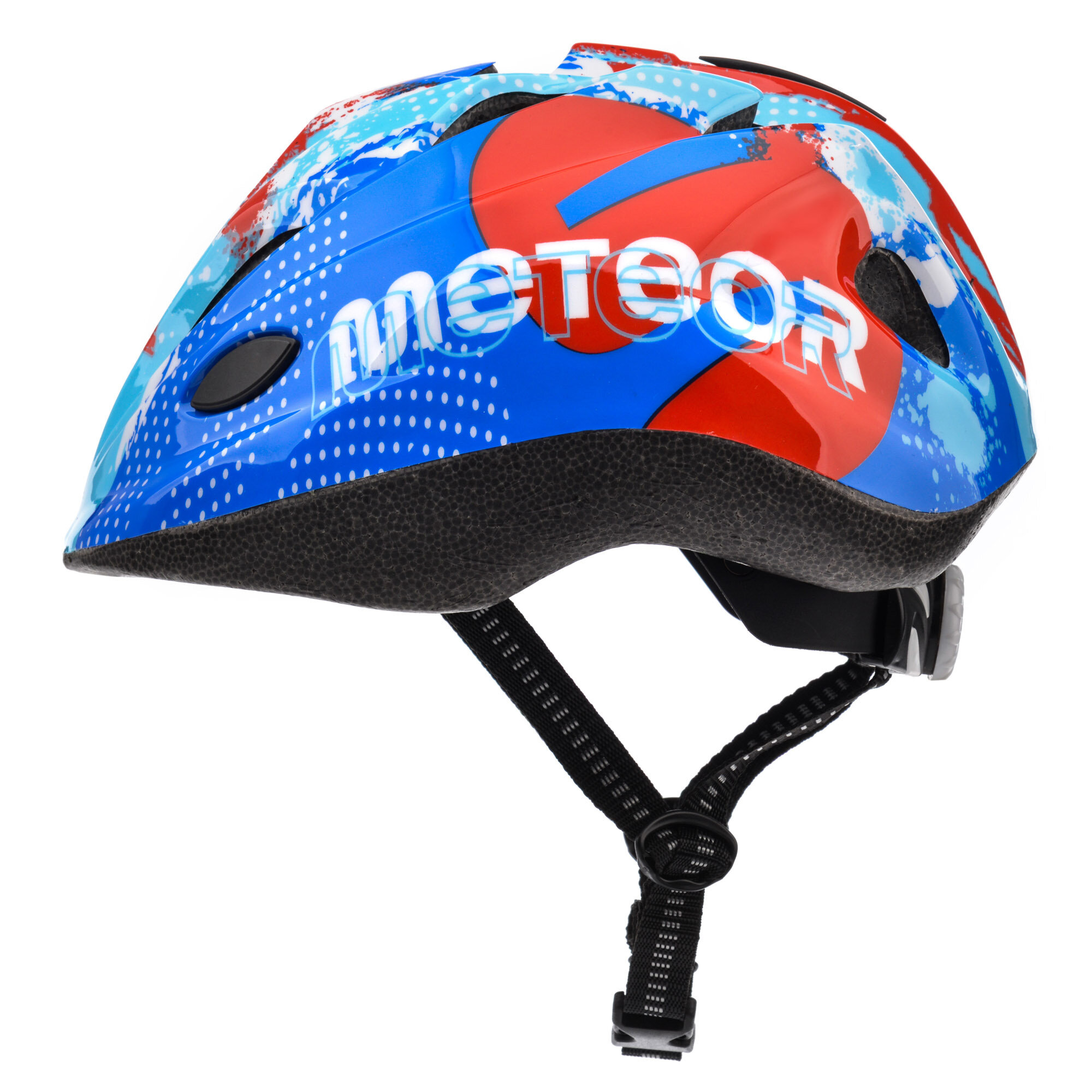 Kask rowerowy dziecięcy w kolorze niebieskim z czerwonymi i białymi wzorami, z widocznym napisem \'METEOR\'. Kask posiada regulowane paski i otwory wentylacyjne.