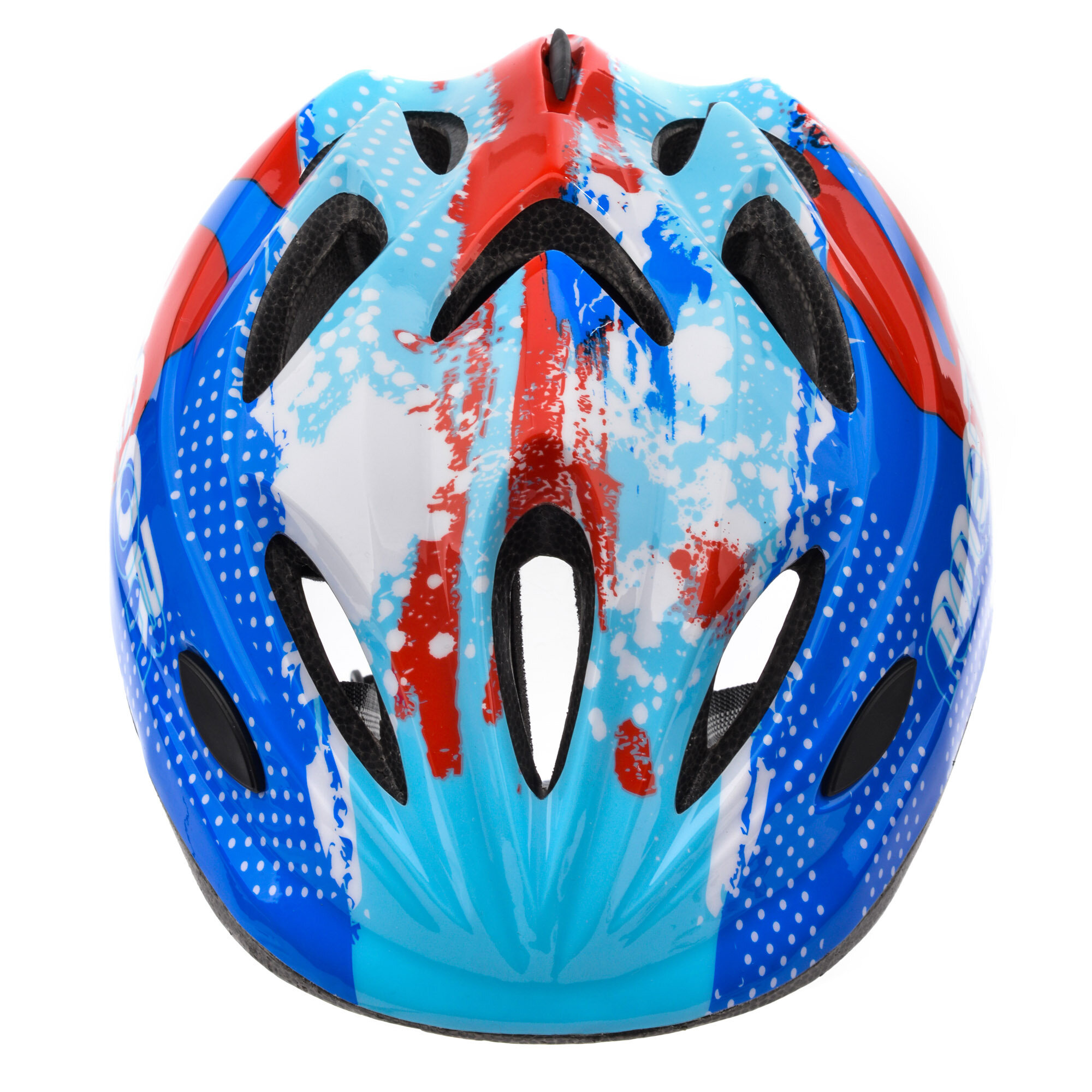 Kask rowerowy w kolorze niebieskim z czerwonymi i białymi wzorami oraz otworami wentylacyjnymi. Na boku widoczne jest logo \'METEOR\'.