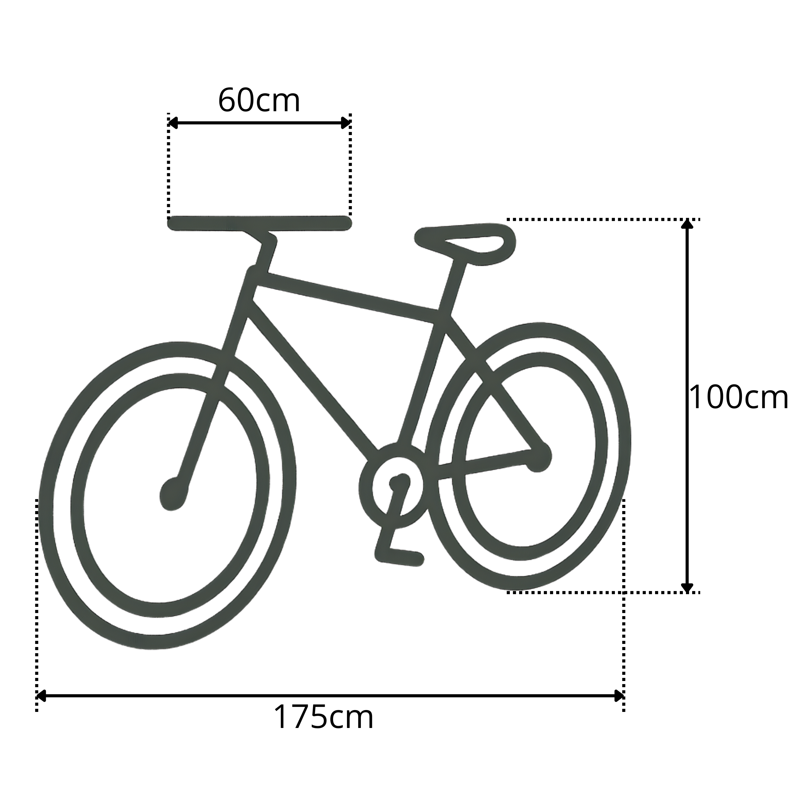 Ilustracja przedstawia schemat roweru z zaznaczonymi wymiarami: 60 cm szerokości kierownicy, 100 cm wysokości oraz 175 cm długości.