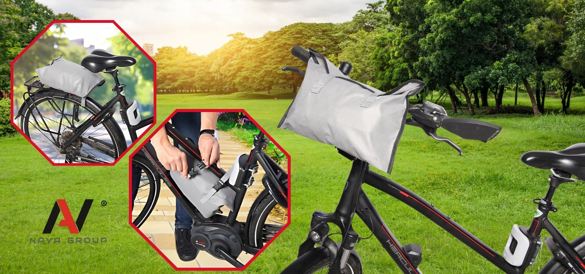 Na obrazie widoczny jest rower z zamontowanym szarym pokrowcem na siodełku, a w tle znajduje się zielony park. Logo \'NAVA GROUP\' jest umieszczone w lewym dolnym rogu.