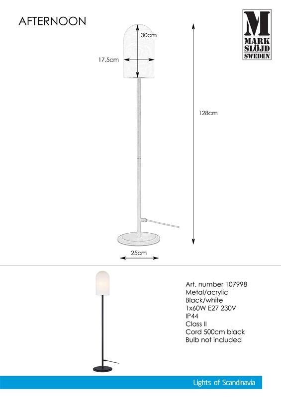 Obraz przedstawia schemat i zdjęcie lampy zewnętrznej podłogowej przenośnej o wysokości 128 cm i średnicy podstawy 25 cm. Widoczny jest tekst: \'AFTERNOON\', \'MARKSLÖJD SWEDEN\', \'Art. number 107998\', \'Metal/acrylic\', \'Black/white\', \'1x60W E27 230V\', \'IP44\', \'Class II\', \'Cord 500cm black\', \'Bulb not included\', \'Lights of Scandinavia\'.