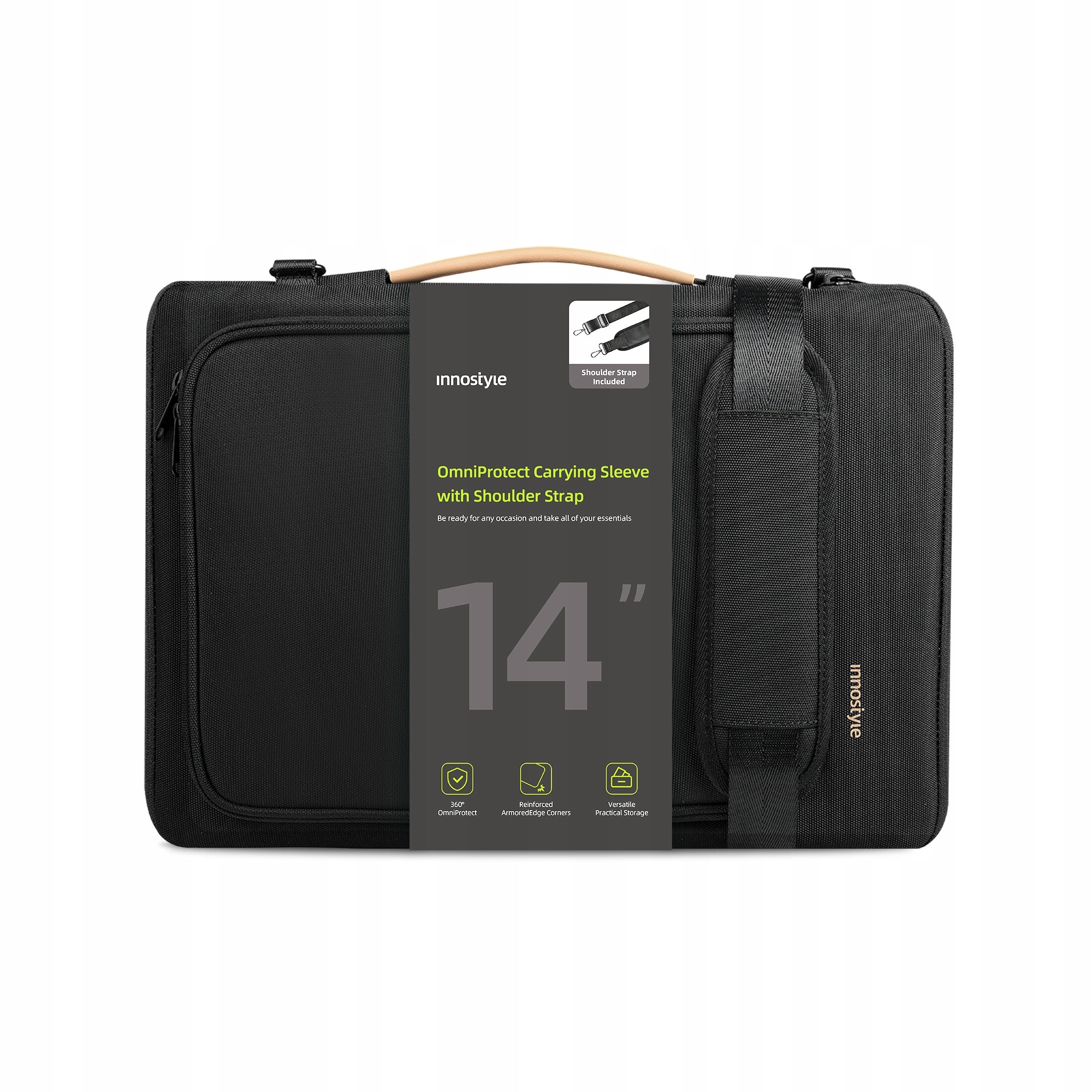 Czarna torba na laptopa z rączką i paskiem na ramię, oznaczona jako \'innostyle\'. Na etykiecie widnieje napis: \'OmniProtect Carrying Sleeve with Shoulder Strap 14\