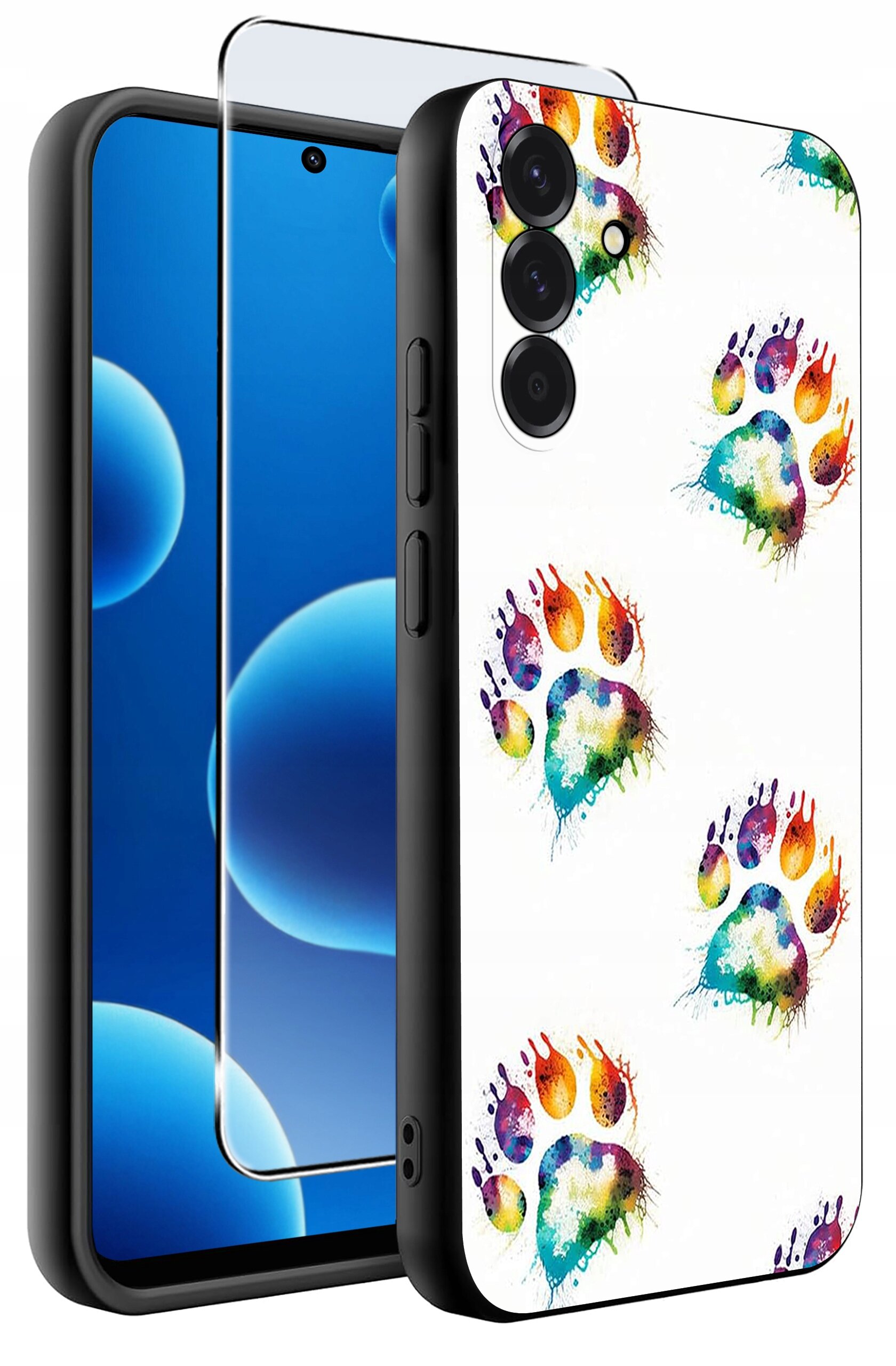 Etui na telefon z kolorowymi wzorami łapek oraz szkło ochronne. Etui jest silikonowe i matowe, przeznaczone do modelu Samsung A26 5G.