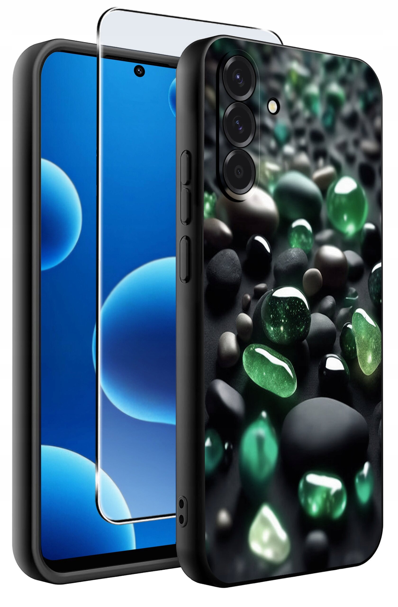 Obraz przedstawia silikonowe etui na telefon z wzorem zielonych i czarnych kamieni oraz szkło ochronne 9H. Etui jest przeznaczone do modelu Samsung A36 5G.