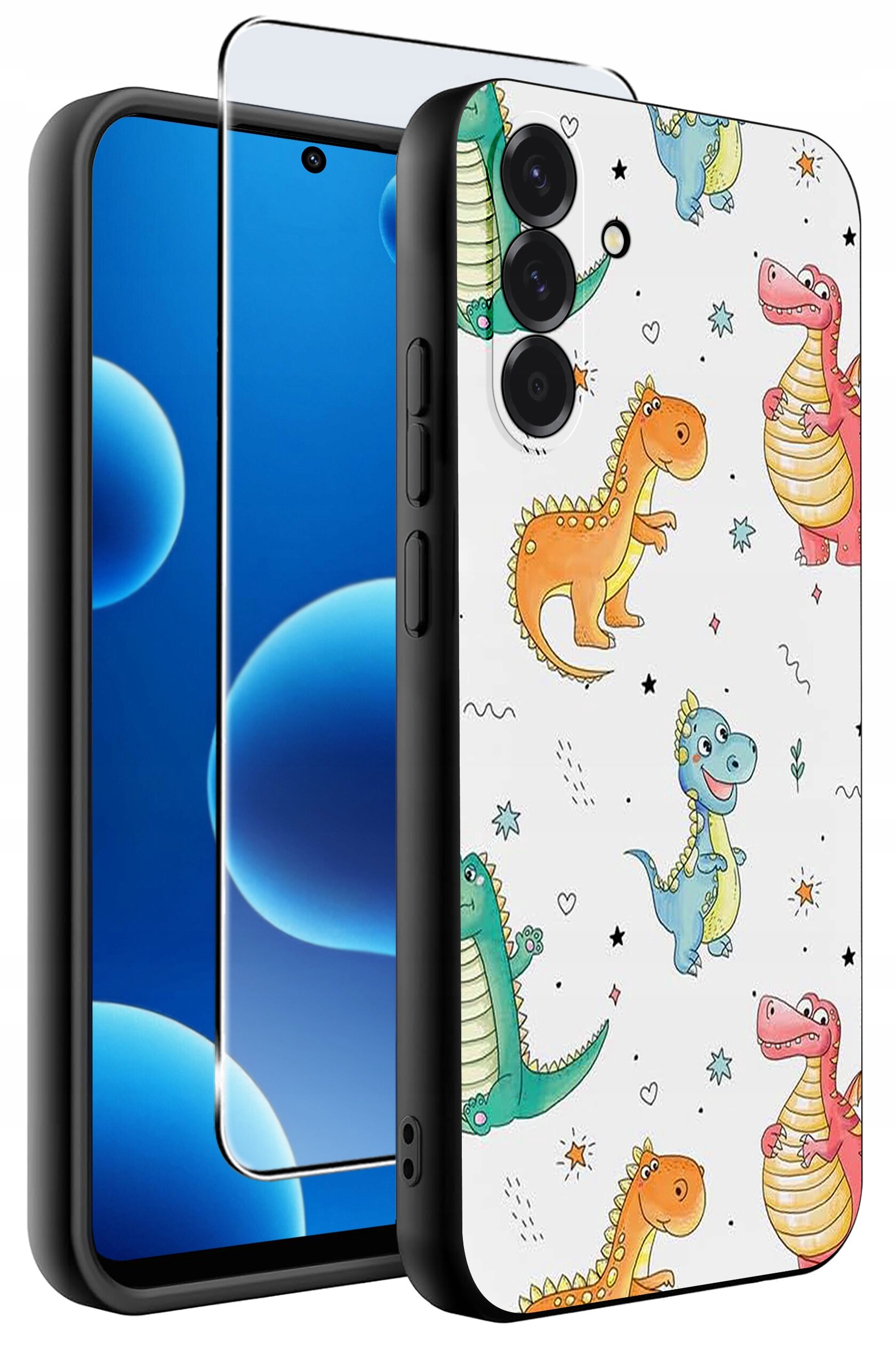 Obraz przedstawia silikonowe etui na telefon z kolorowymi wzorami dinozaurów oraz szkło ochronne 9H. Etui ma matowe wykończenie i jest przeznaczone do modelu Samsung A56 5G.