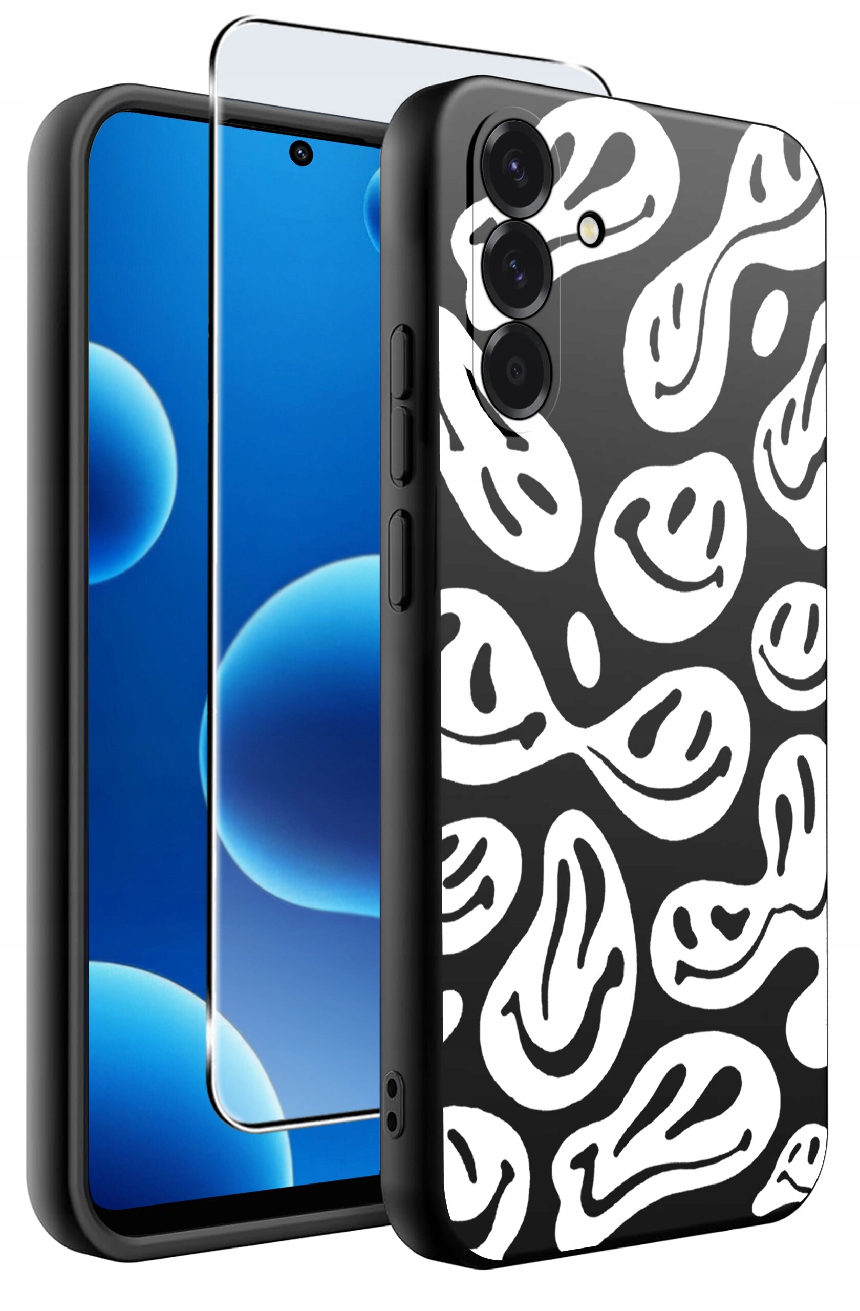 Obraz przedstawia silikonowe etui na telefon z czarno-białym wzorem przypominającym abstrakcyjne twarze oraz szkło ochronne 9H. Etui jest przeznaczone do modelu Samsung A56 5G.