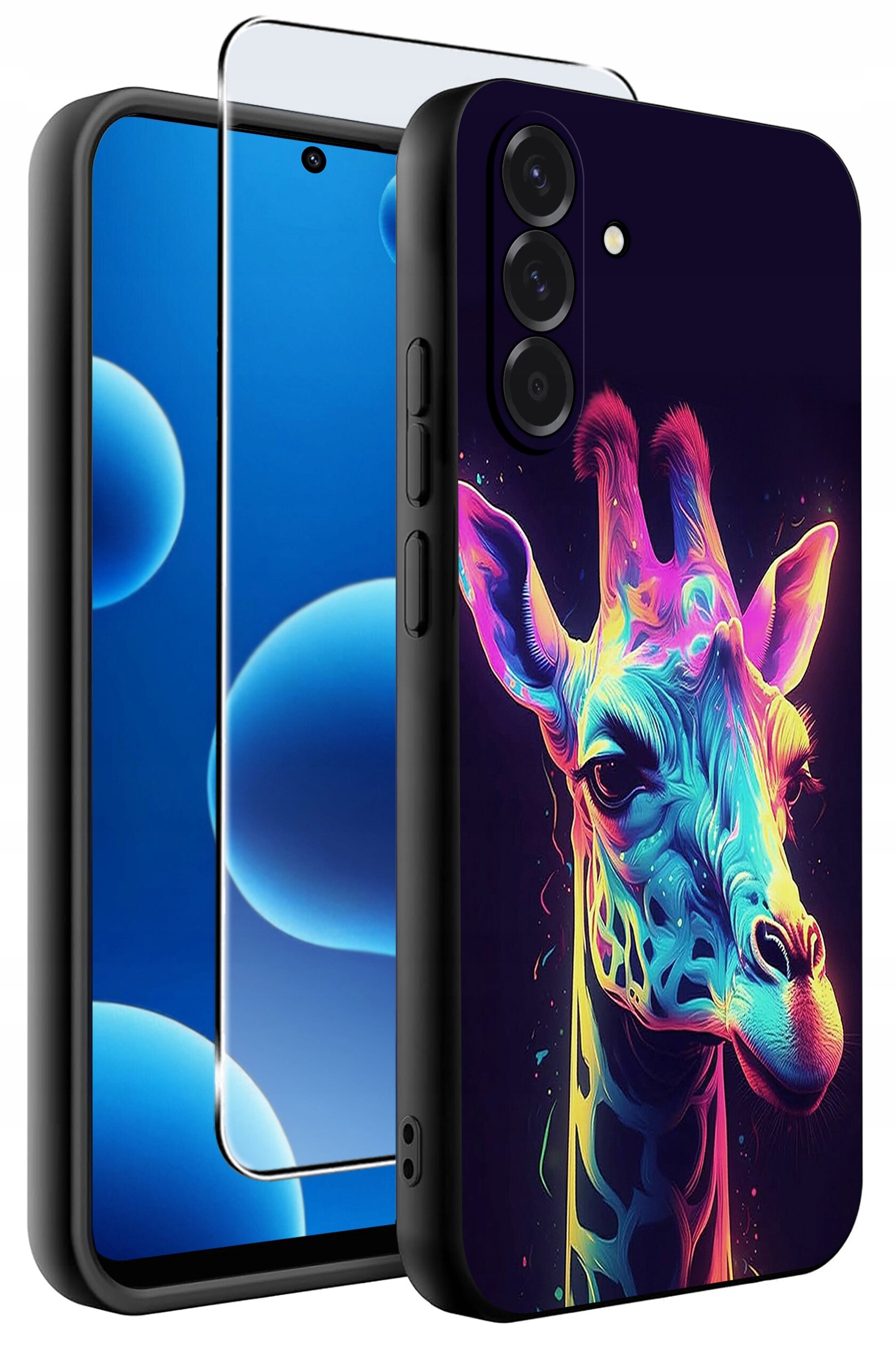 Etui na telefon z kolorowym wzorem żyrafy oraz szkło ochronne na ekran. Etui jest silikonowe i matowe, przeznaczone do modelu Samsung A26 5G.