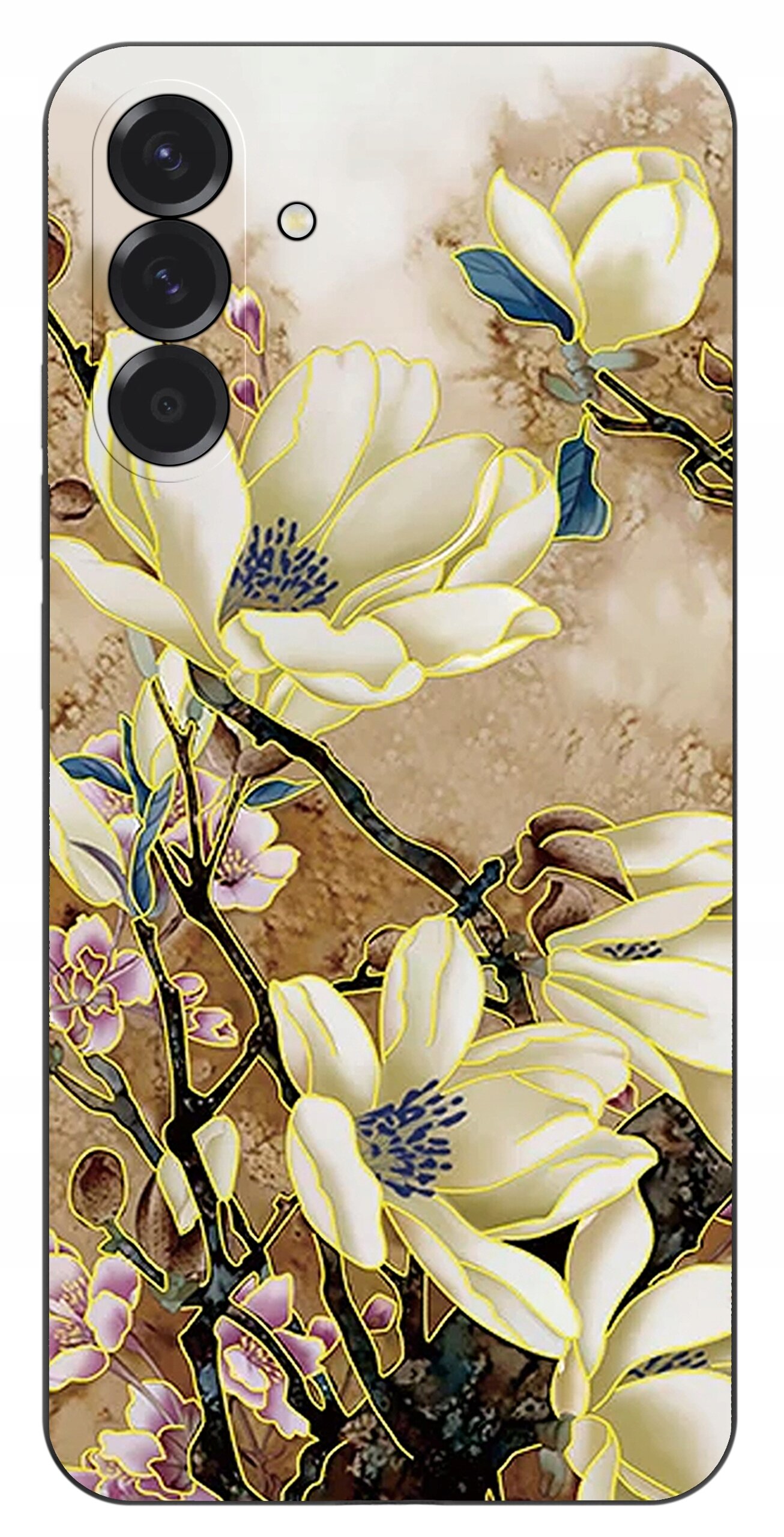 Etui na telefon z wzorem kwiatów magnolii na tle w odcieniach brązu i beżu. Widoczne są trzy otwory na aparaty fotograficzne.