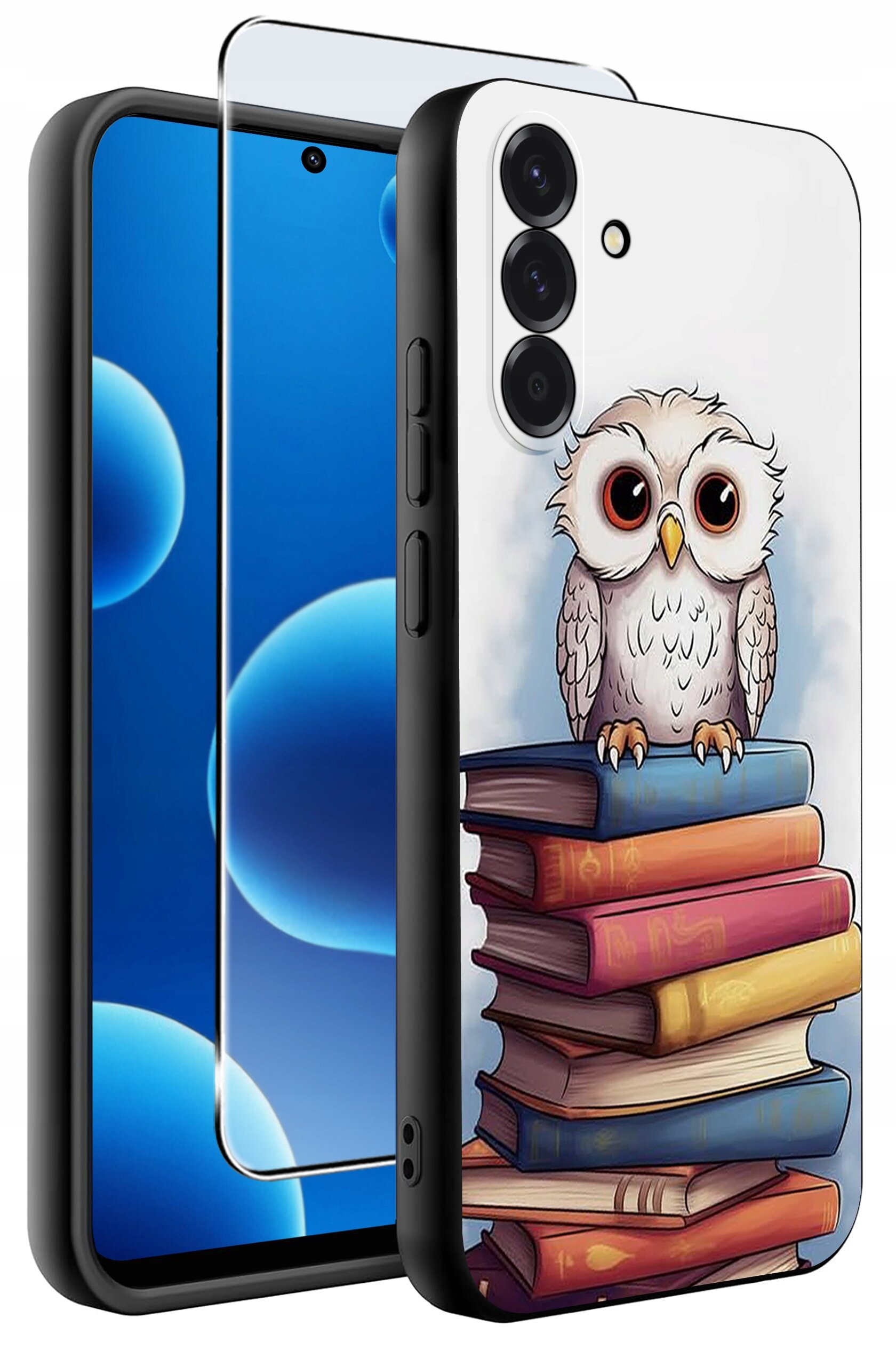 Etui na telefon z nadrukiem sowy siedzącej na stosie książek, obok widoczne szkło ochronne na ekran.