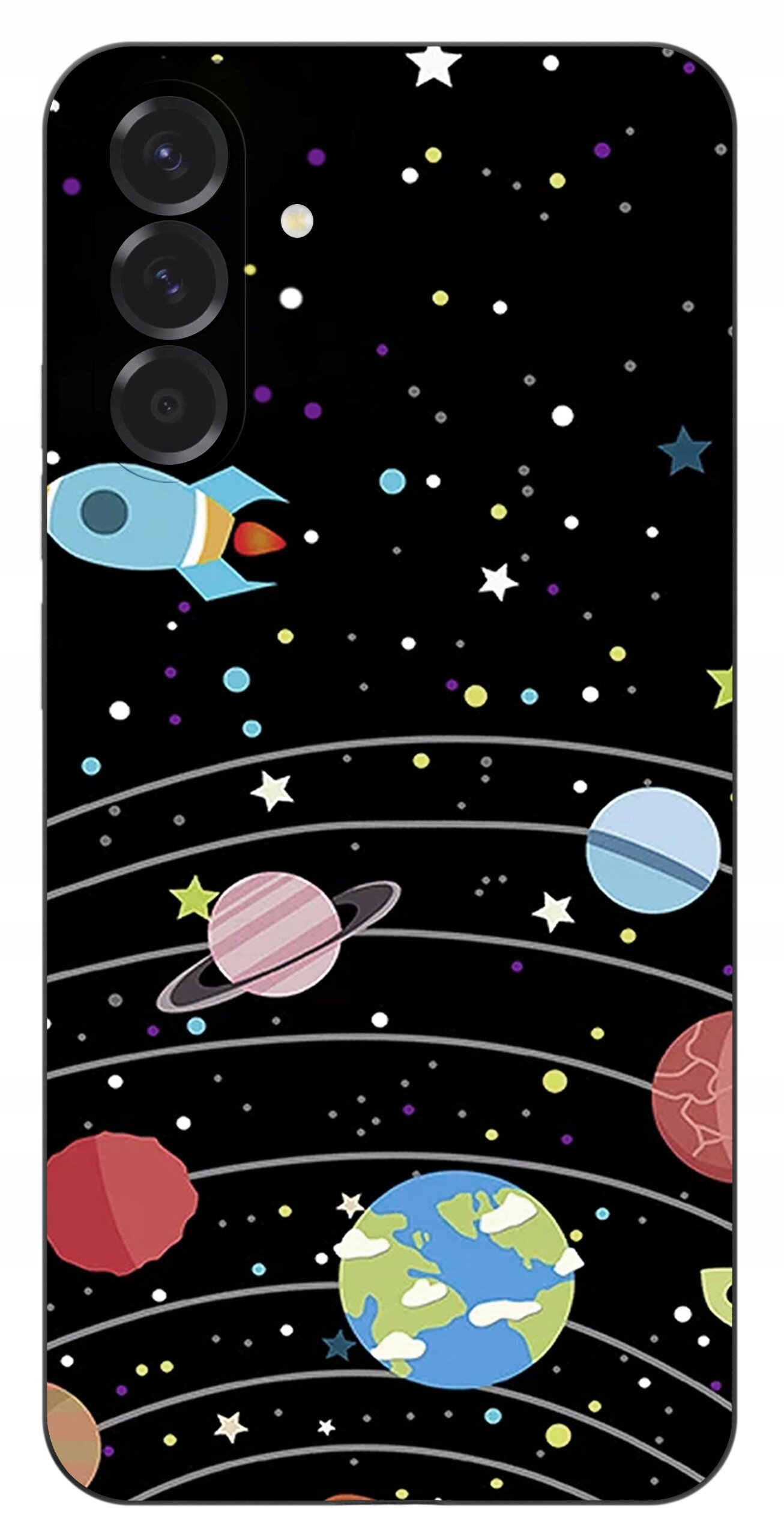 Etui na telefon z kolorowym wzorem przedstawiającym planety, rakietę i gwiazdy na czarnym tle.