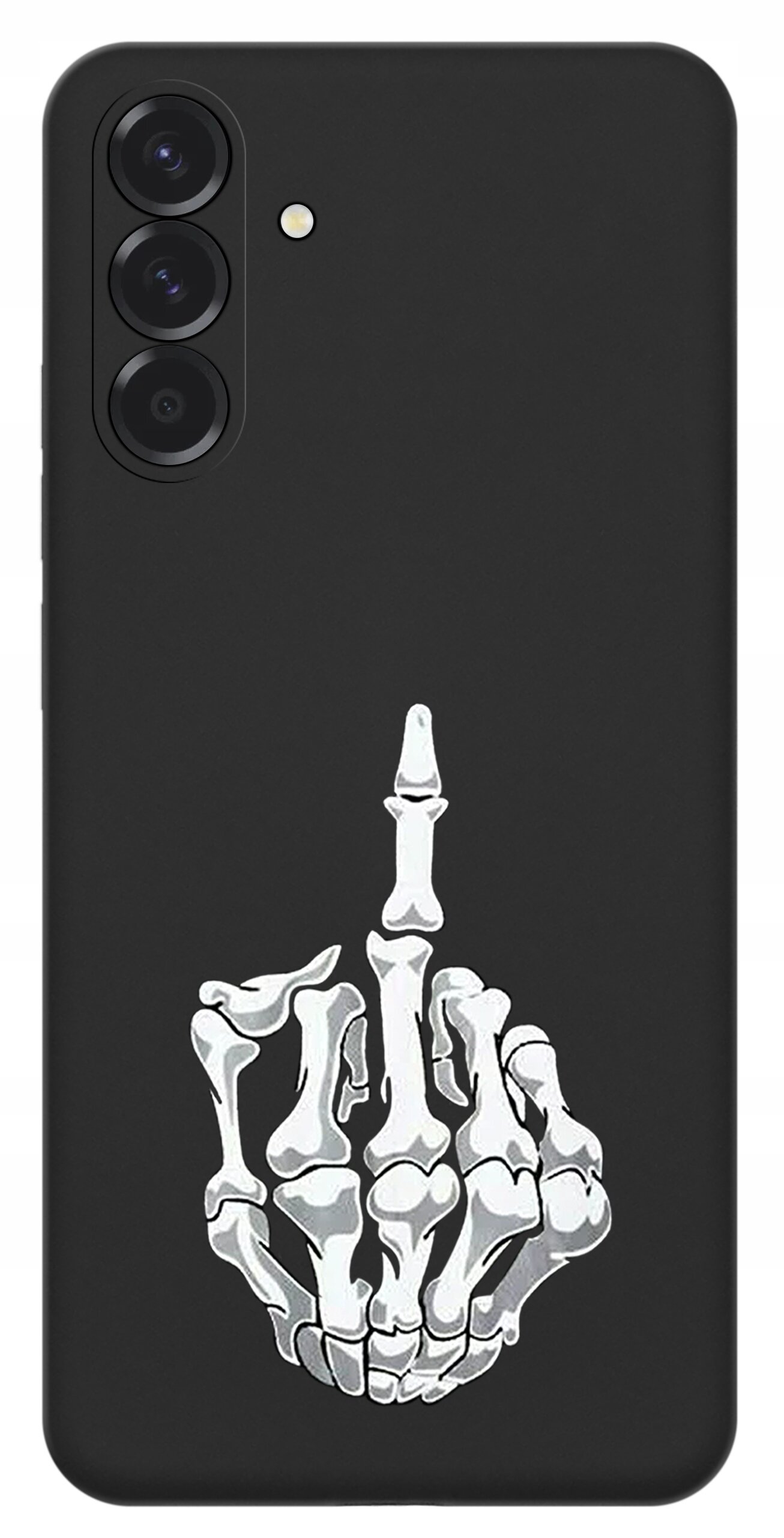 Czarne etui na telefon z nadrukiem białych kości dłoni ułożonych w gest. Etui posiada wycięcia na trzy obiektywy aparatu i lampę błyskową.
