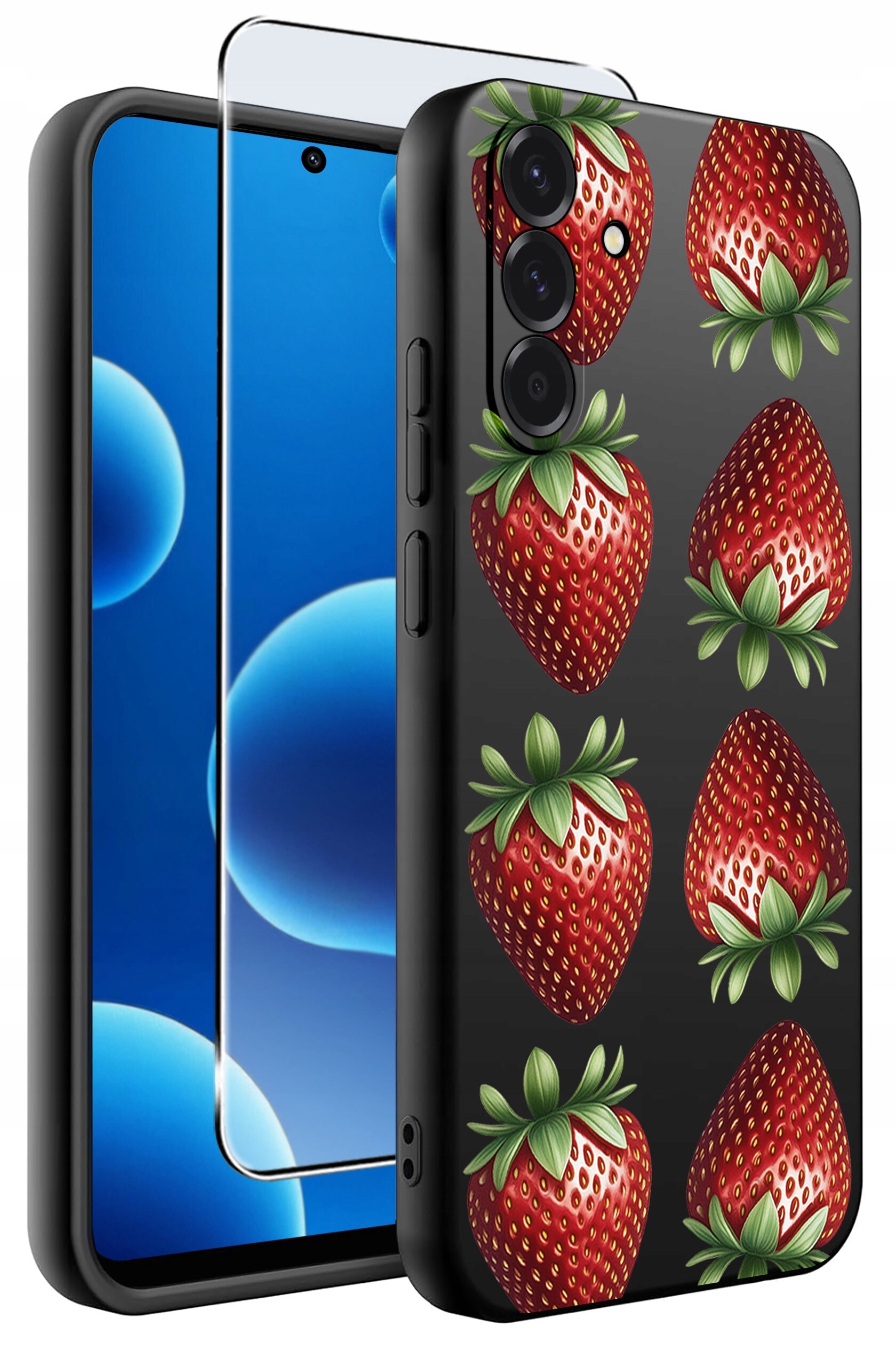 Etui na telefon z wzorem truskawek oraz szkło ochronne na ekran. Etui jest czarne z czerwonymi truskawkami i zielonymi liśćmi.