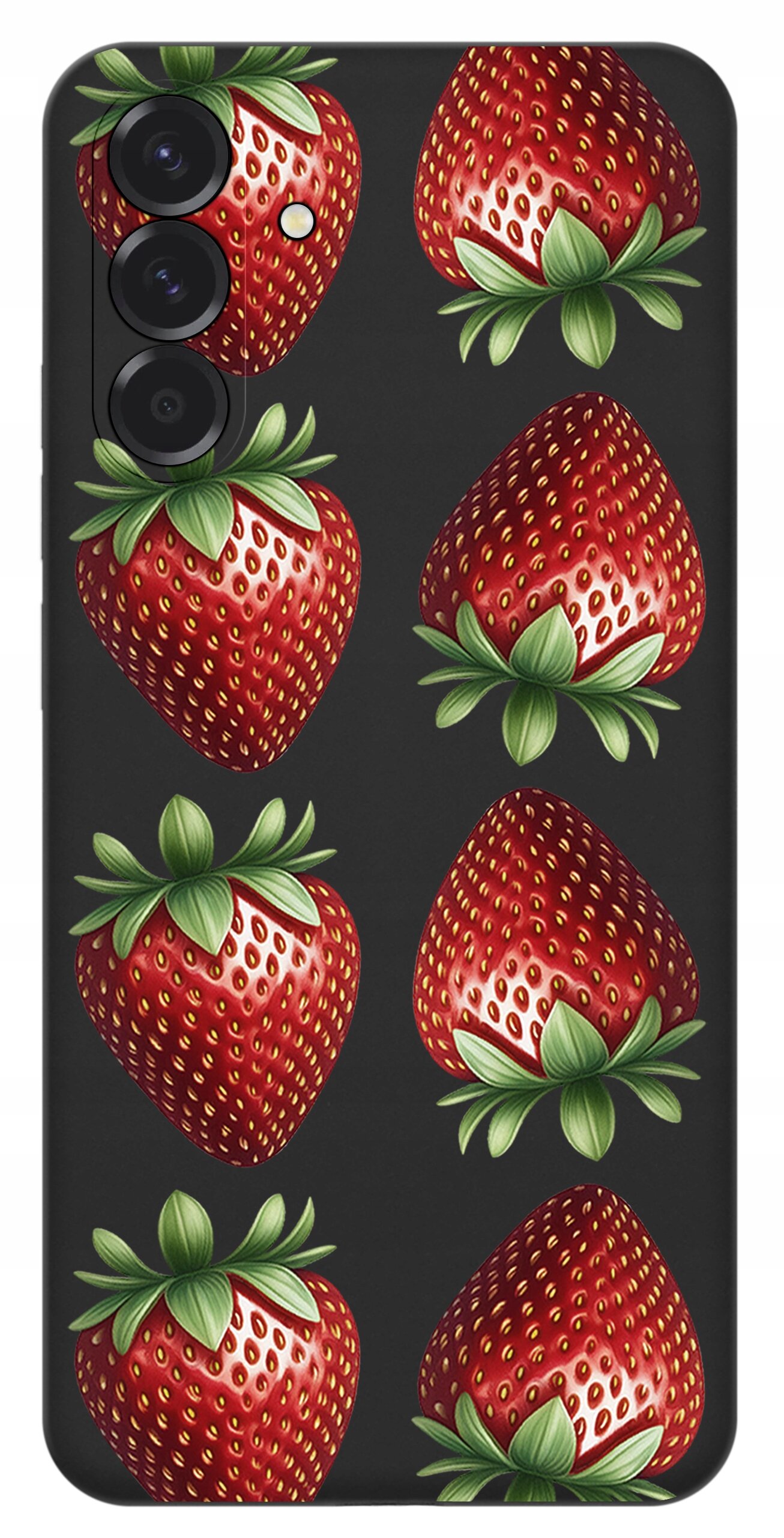 Etui na telefon z wzorem przedstawiającym czerwone truskawki na ciemnym tle. Widoczne są trzy otwory na aparaty fotograficzne.
