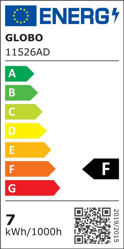Etykieta energetyczna z logo UE i napisem \'ENERG\'. Widoczne klasy energetyczne od A do G, z zaznaczoną klasą F oraz informacją \'7 kWh/1000h\'.
