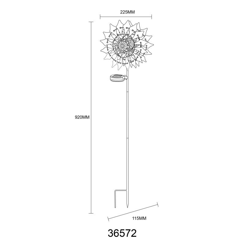 Schemat lampy solarnej z kołem wiatrowym, o wysokości 920 mm i szerokości 225 mm. Widoczny jest numer 36572 oraz wymiary podstawy 115 mm.
