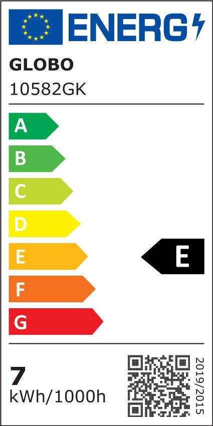 Etykieta energetyczna z logo UE i napisem \'ENERGY\'. Produkt: GLOBO 10578CK, klasa energetyczna E, zużycie 6 kWh/1000h.
