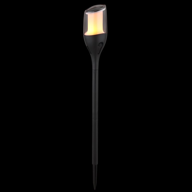 Czarna lampa solarna z przezroczystym kloszem, emitująca ciepłe światło. Lampa ma smukły kształt i jest przeznaczona do montażu w ziemi.