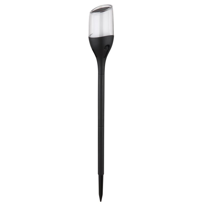 Czarna lampa solarna LED z przezroczystym kloszem, przeznaczona do montażu w ziemi.