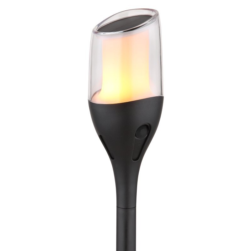 Lampa solarna LED z przezroczystym kloszem i czarną podstawą, emitująca ciepłe światło. Na górze klosza znajduje się panel solarny.