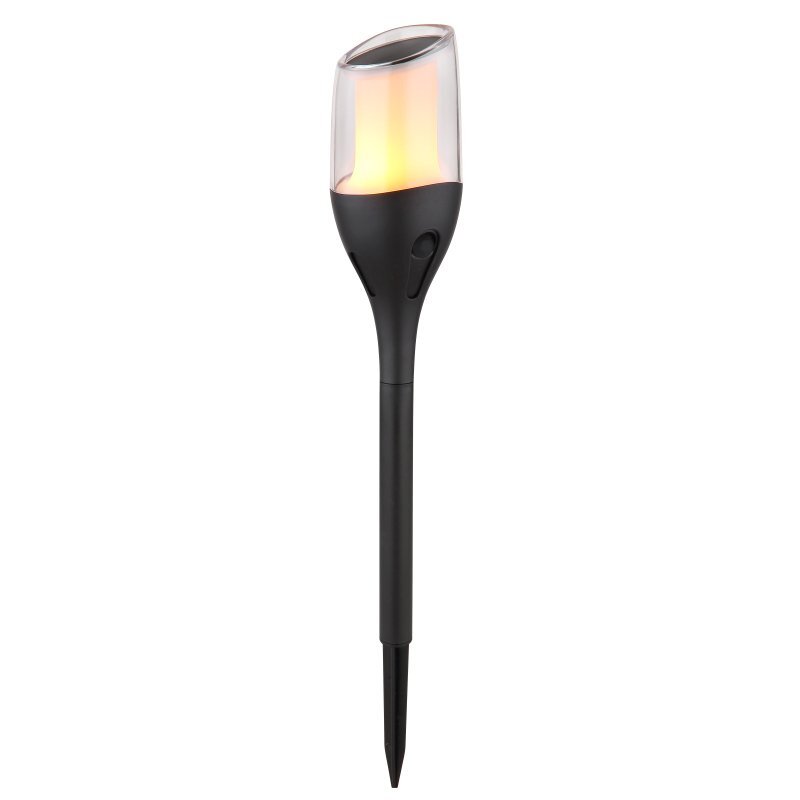Lampa solarna dogruntowa LED z czarnym korpusem i przezroczystym kloszem, emitująca ciepłe światło. Posiada smukły, wydłużony kształt z ostrym zakończeniem do wbicia w ziemię.
