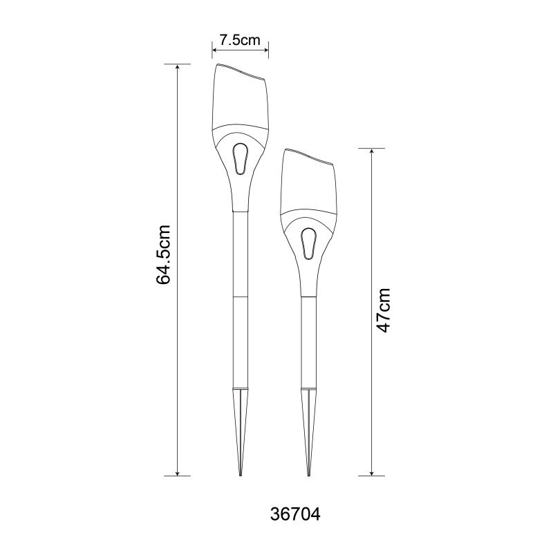 Schemat dwóch lamp solarnych z wymiarami: jedna o wysokości 64,5 cm, druga 47 cm, obie o szerokości 7,5 cm. Na dole widoczny numer 36704.