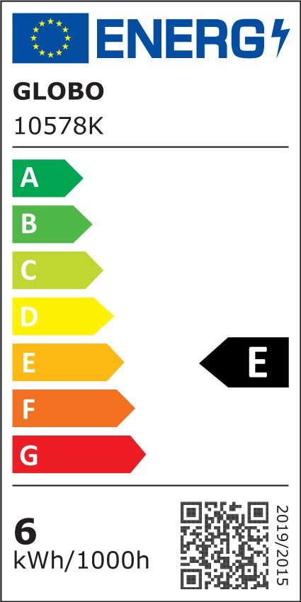 Etykieta energetyczna z logo UE i napisem \'ENERG\'. Produkt: GLOBO 10582K, klasa energetyczna E, zużycie 7 kWh/1000h.