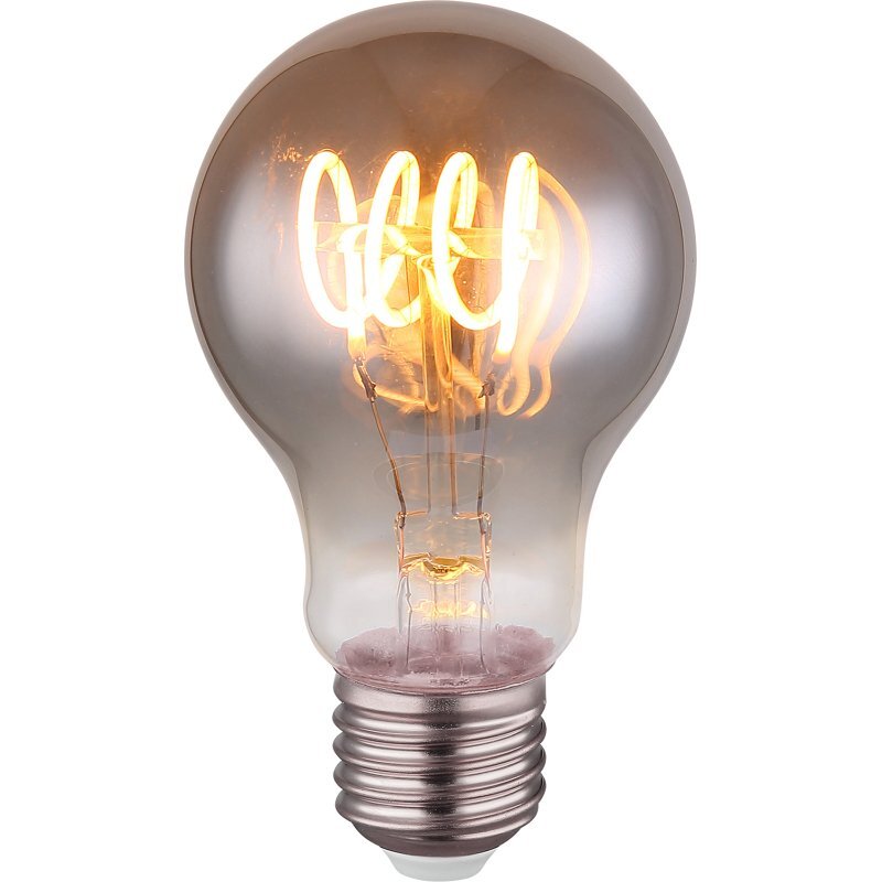 Żarówka LED z przydymionym szkłem i widocznym spiralnym żarnikiem. Posiada metalowy gwint E27.