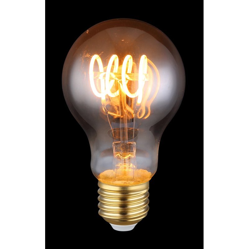 Żarówka LED z przydymionym szkłem, emitująca ciepłe światło, z widocznym spiralnym filamentem. Posiada metalową oprawkę E27.
