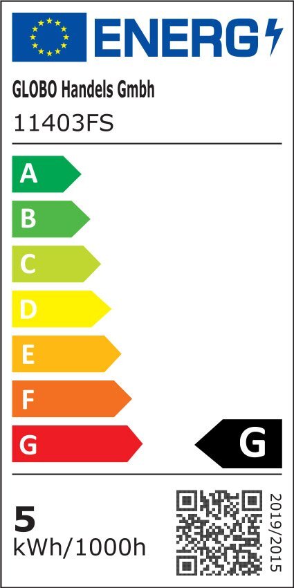 Etykieta energetyczna z logo UE i napisem \'ENERG\'. Widoczna klasa energetyczna G oraz zużycie energii 9 kWh/1000h.