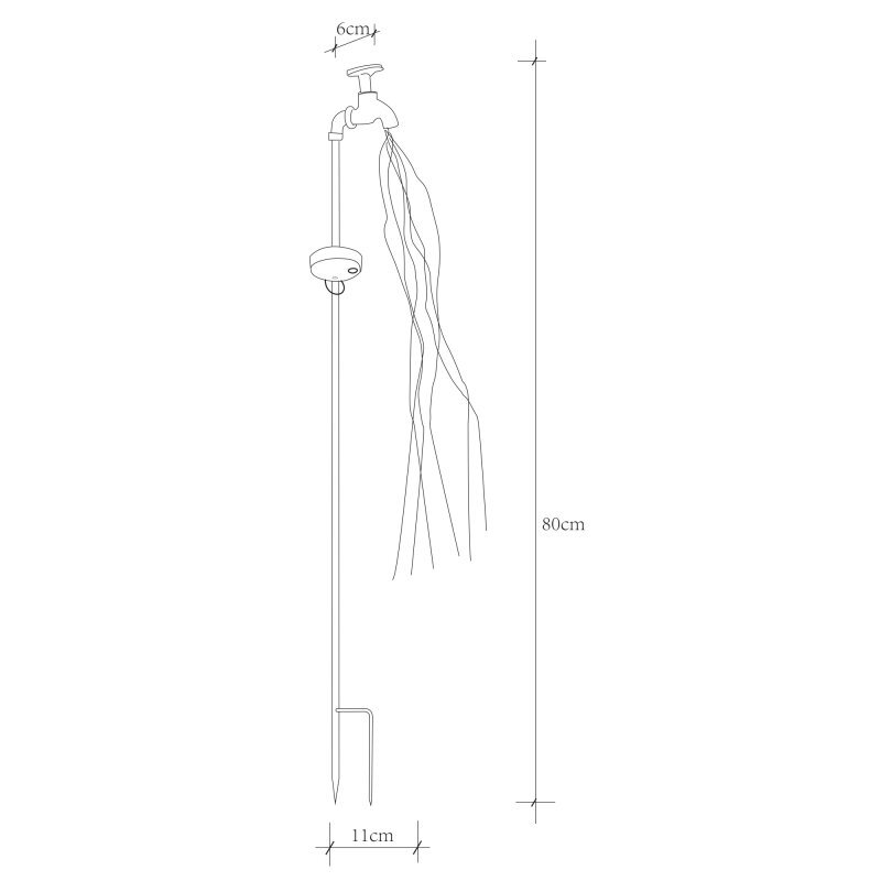 Schemat lampy solarnej dogruntowej LED w kształcie kranu z wymiarami: wysokość 80 cm, szerokość 6 cm, długość podstawy 11 cm. Lampa posiada elementy przypominające strumień wody.