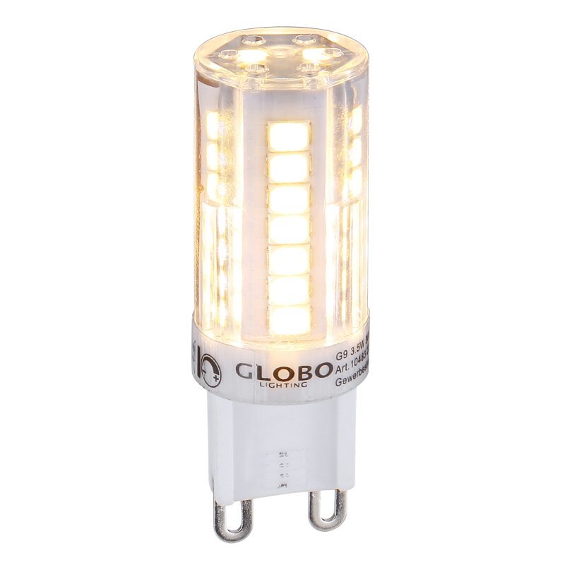 Żarówka LED z przezroczystą obudową, widoczne diody emitujące ciepłe światło. Na podstawie napis \'GLOBO LIGHTING\'.