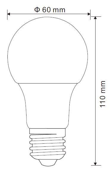 Schematyczny rysunek żarówki z oznaczeniami wymiarów: średnica 60 mm i wysokość 110 mm.